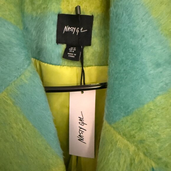 NWT Nasty Gal Premium Longline Green Plaid Coat Size 8 - Picture 5 of 5